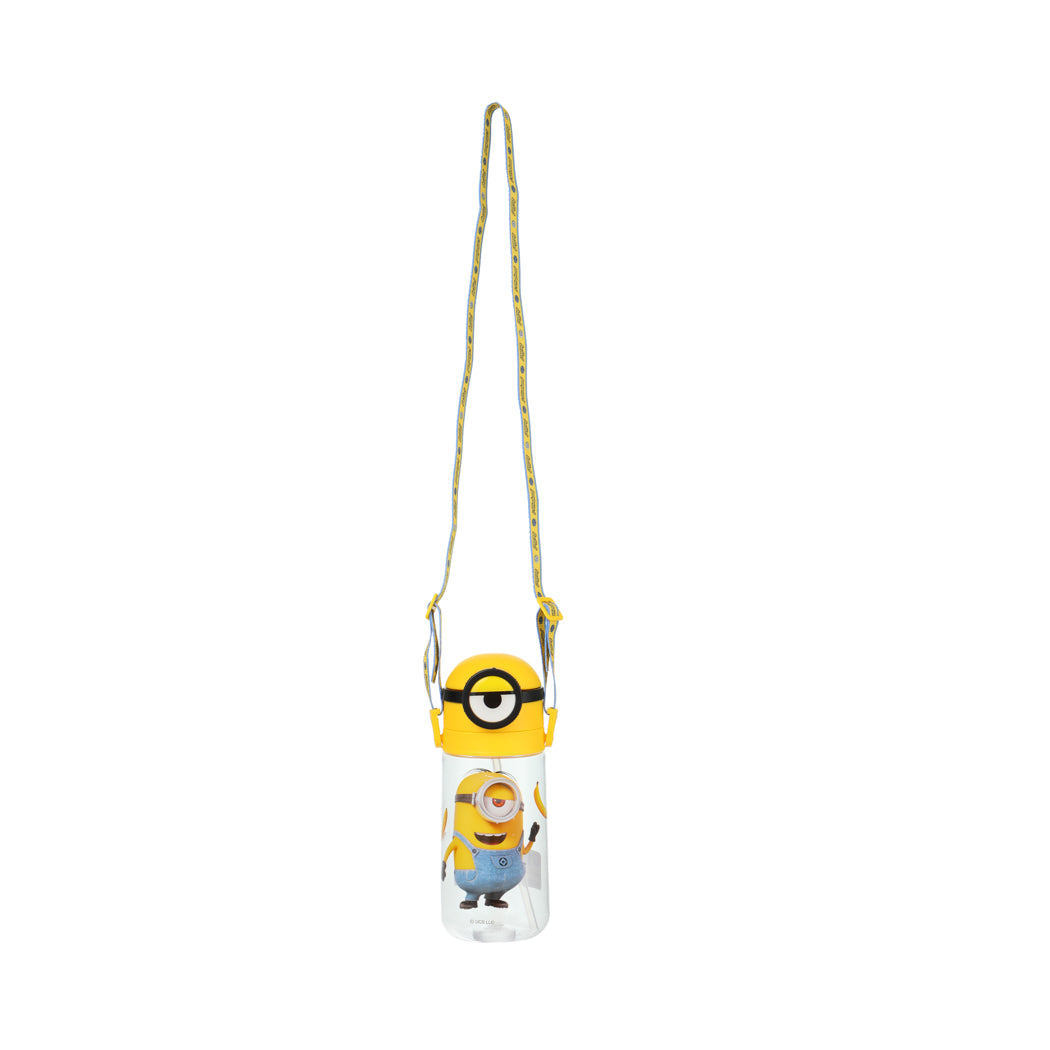 MINISO Minions Collection Plastic Water Bottle with Straw and Shoulder  Strap - 600mL Yellow Tumbler