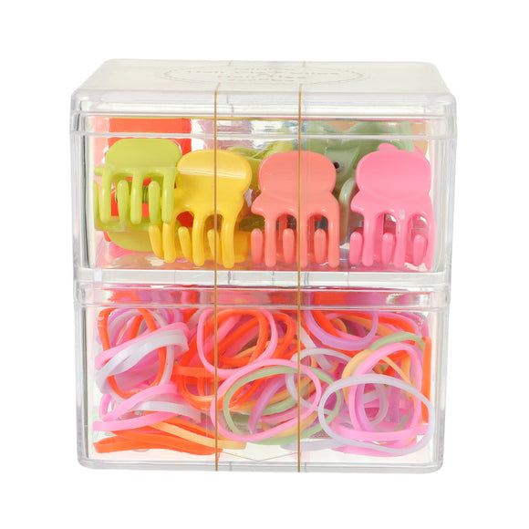 MINISO BASIC SERIES DOUBLE-LAYER HAIR CLAW CLIPS & HAIR TIES ( 220 PCS ) 2014729210105 HAIR CLIPS IN STORAGE BOX