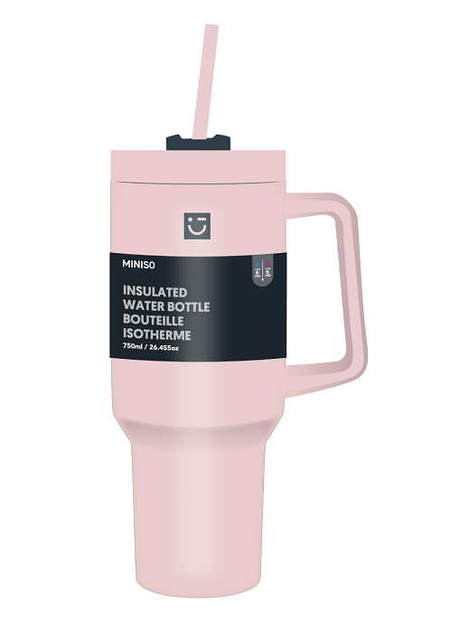 MINISO DOPAMINE SERIES DOUBLE WALL STEEL BOTTLE WITH HANDLE & STRAW 1200ML(PINK) 2022743812106 PLASTIC WATER BOTTLE