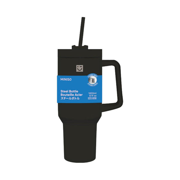 MINISO DOPAMINE SERIES DOUBLE WALL STEEL BOTTLE WITH HANDLE & STRAW 1200ML(BLACK) 2022743814100 PLASTIC WATER BOTTLE