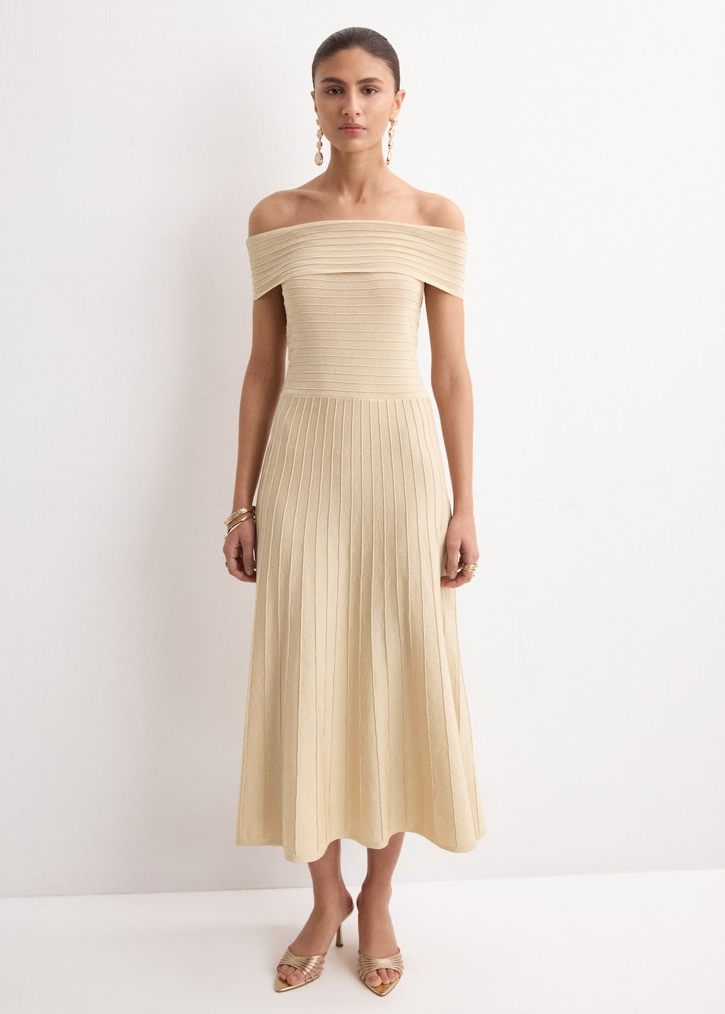 mango boat-neck dress with pleats MANGO NORA-A 27044092-OR MANGO WOMEN DRESS FULL LENGTH