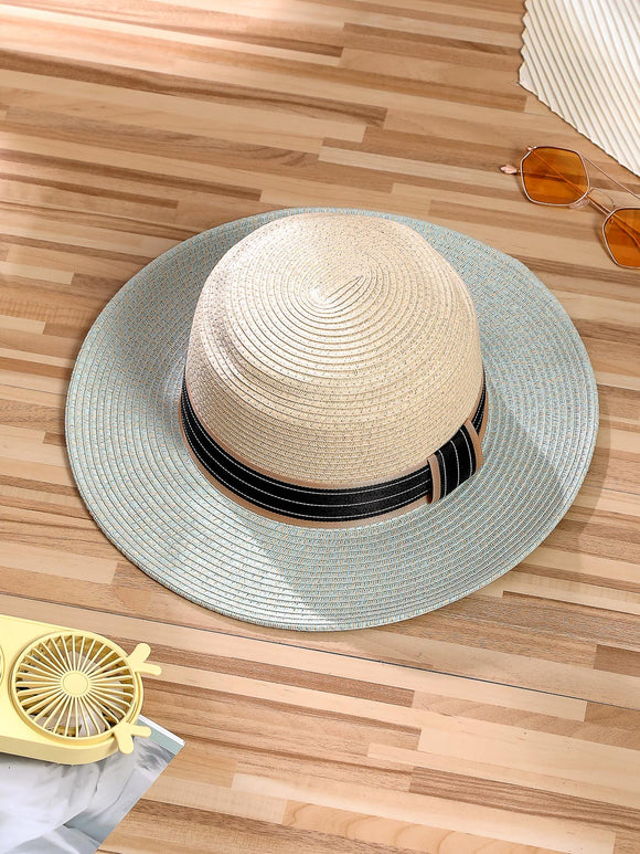 MINISO BRITISH STYLE BICOLOR STRAW HAT WITH FLAT TOP ( BLUE ) 2010116812105 FASHIONABLE HAT