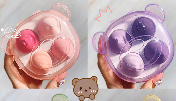 MINISO MAKEUP SPONGE WITH BEAR STORAGE CASE (4 PCS, PINK/PURPLE) 2014782410108 COSMETIC PUFF