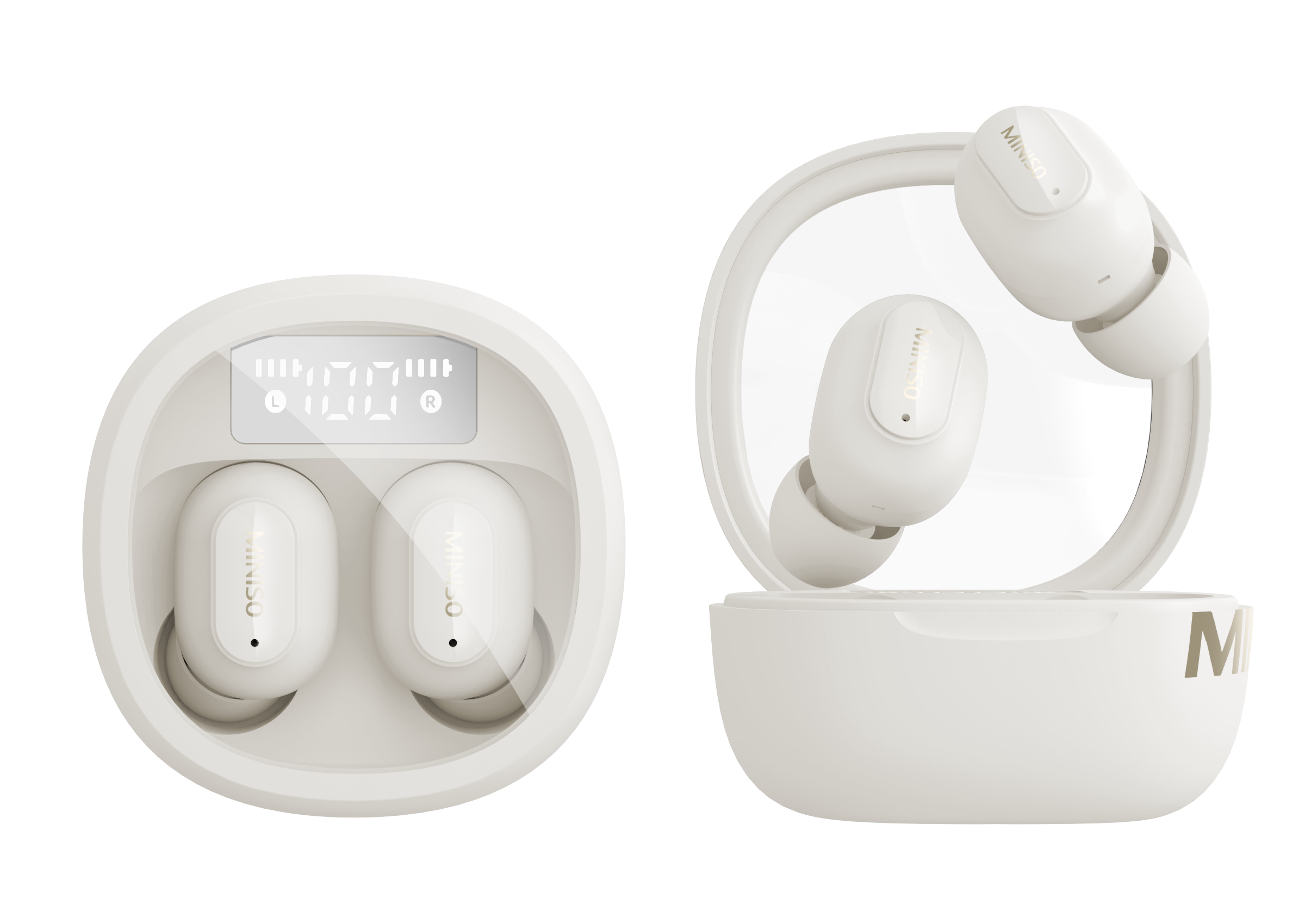 MINISO COLORED BEANS BATTERY DISPLAY TWS EARPHONES  MODEL: R99 (BEIGE) 2016088610107 EARPHONES