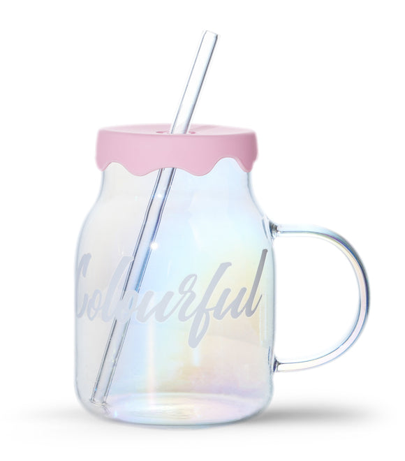MINISO HOLOGRAPHIC SERIES GLASS CUP WITH LID AND STRAW (520ML) 2016275310100 GLASS WATER BOTTLE