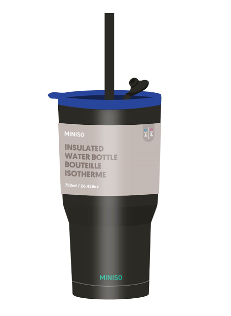 MINISO DOPAMINE SERIES DOUBLE WALL STEEL BOTTLE WITH STRAW 600ML(BLACK) 2022743711102 PLASTIC WATER BOTTLE