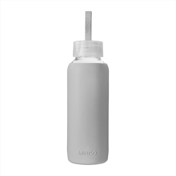 MINISO GLASS BOTTLE WITH SILICONE COVER 300ML(GRAY) 2010923512106 GLASS WATER BOTTLE