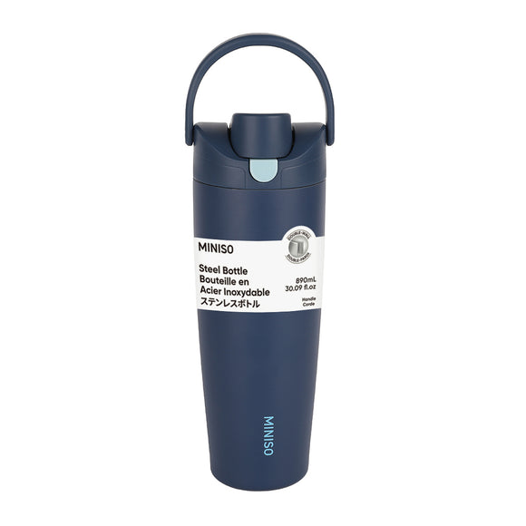 MINISO LARGE CAPACITY DOUBLE-WALL FLIP TOP STAINLESS STEEL BOTTLE WITH STRAW 890ML(DEEP BLUE) 2028543010100 STEEL CUP