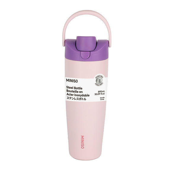 MINISO LARGE CAPACITY DOUBLE-WALL FLIP TOP STAINLESS STEEL BOTTLE WITH STRAW 890ML(PINK) 2028543011107 STEEL CUP