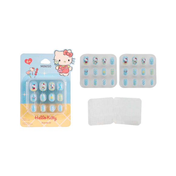MINISO HELLO KITTY BLUE FALSE NAILS WITH JELLY ADHESIVE TABS 2024988510106 KIDS NAIL POLISH SET