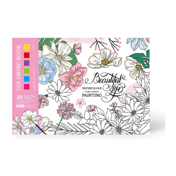 MINISO FLOWERS & PLANTS COLLECTION A5 GLUE-BOUND COTTON PULP PAPER COLORING BOOK (20 SHEETS) (PAINTS & BRUSH INCLUDED) 2024067010107 HARDCOVER MEMO BOOK