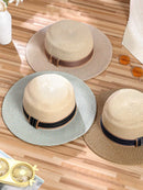 MINISO BRITISH STYLE BICOLOR STRAW HAT WITH FLAT TOP ( BLUE ) 2010116812105 FASHIONABLE HAT-4