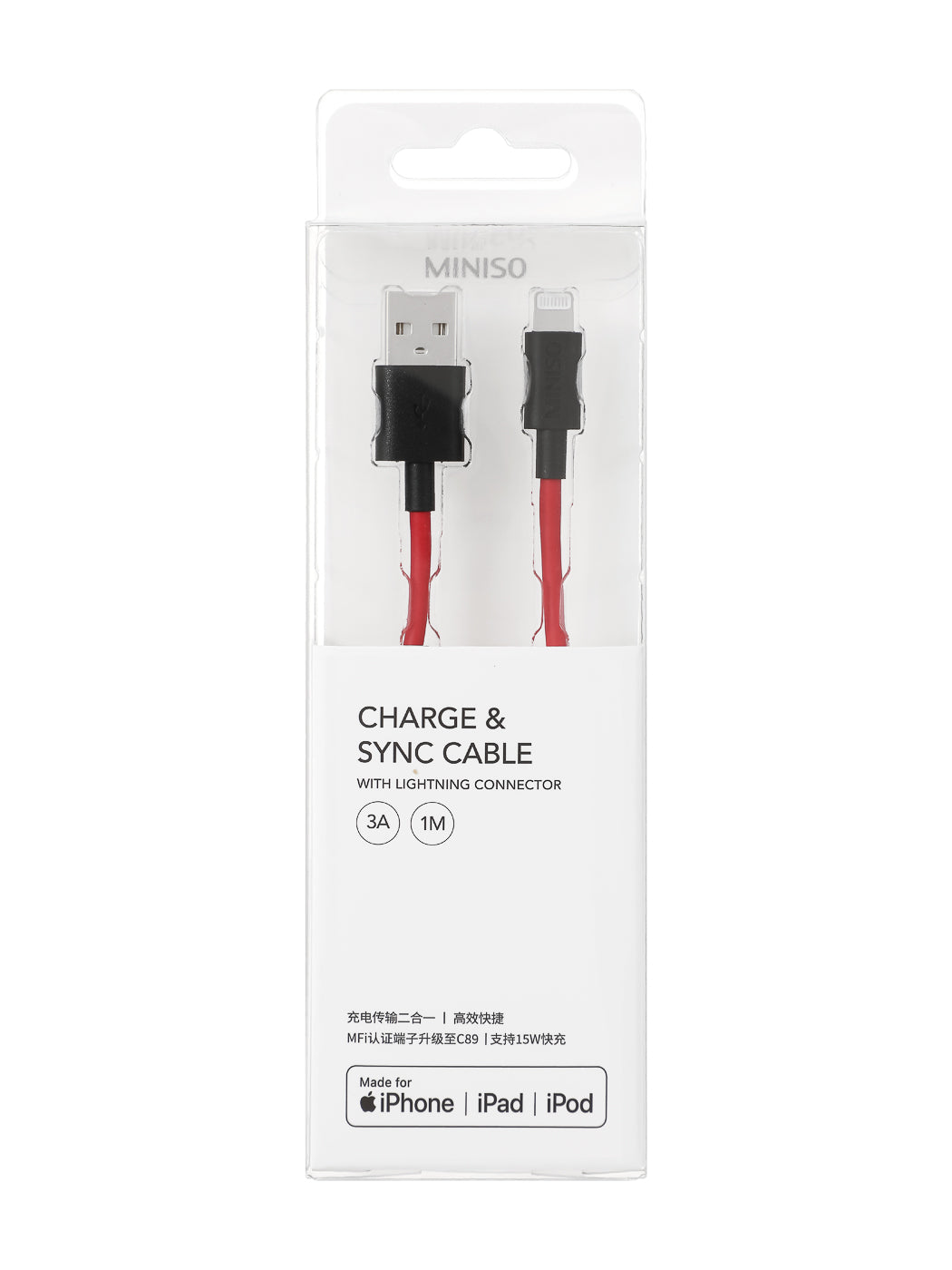 MINISO 1M FAST CHARGE CHARGE & SYNC CABLE WITH LIGHTNING CONNECTOR (RED) 2010251510102 CHARGING CABLE WITH LIGHTNING CONNECTOR