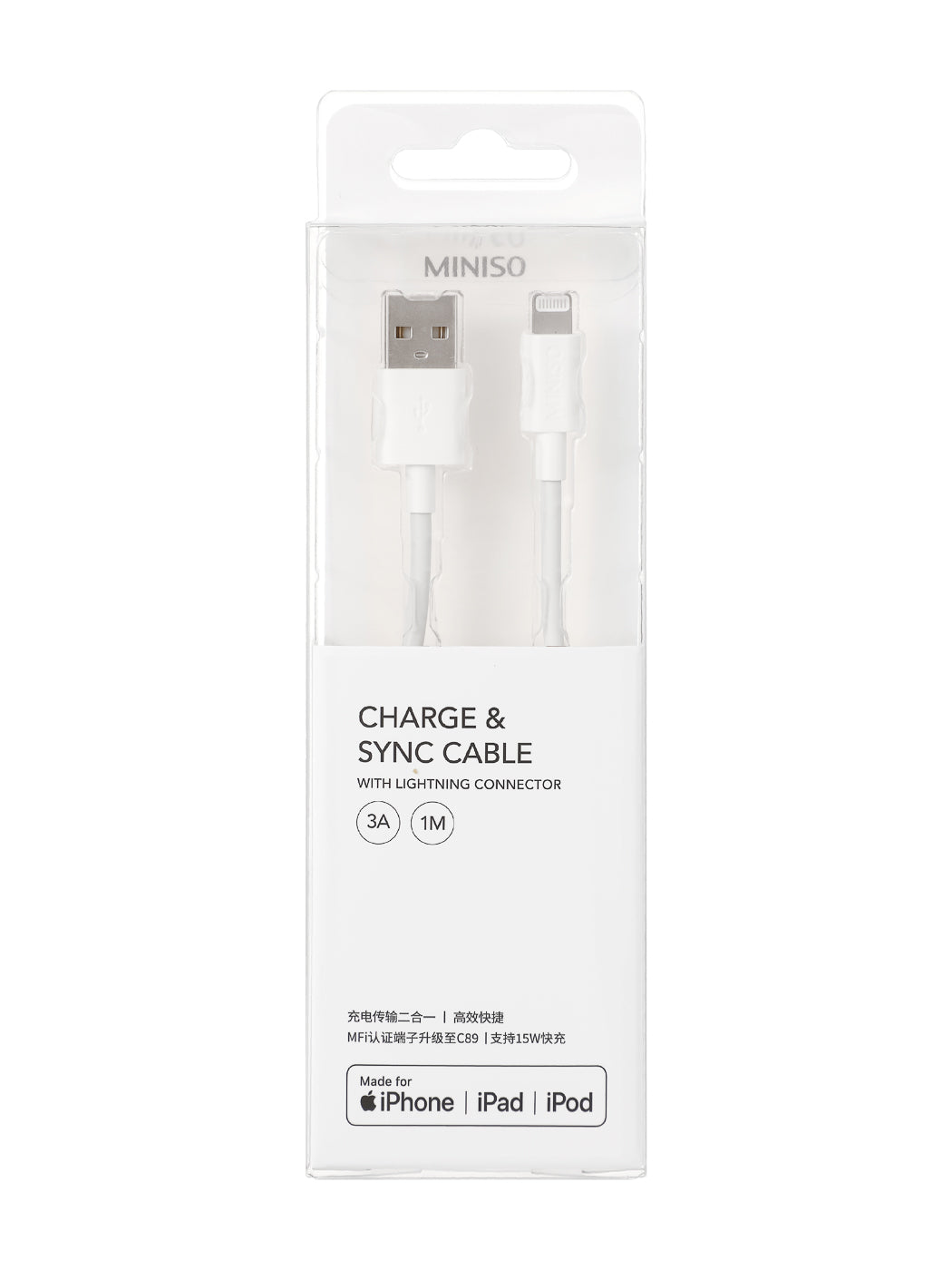 MINISO 1M FAST CHARGE CHARGE & SYNC CABLE WITH LIGHTNING CONNECTOR (WHITE) 2010251512106 CHARGING CABLE WITH LIGHTNING CONNECTOR