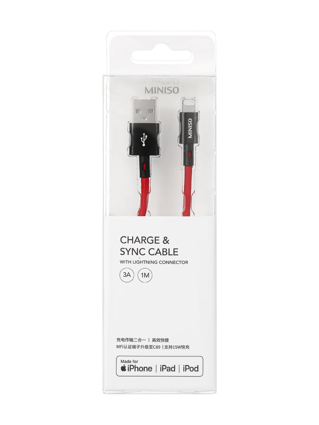 MINISO 1M BRAIDED FAST CHARGE CHARGE & SYNC CABLE WITH LIGHTNING CONNECTOR (RED) 2010251612103 CHARGING CABLE WITH LIGHTNING CONNECTOR