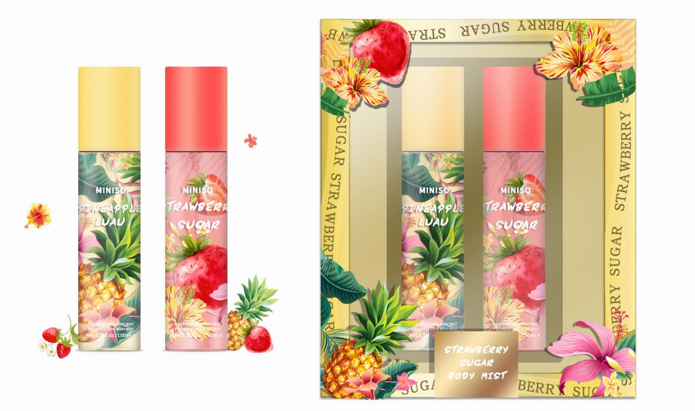 MINISO PASSION ISLAND BODY MIST SET (PINEAPPLE LUAU+STRAWBERRY SUGAR) 2012213310102 ROLL-ON DEODORANT