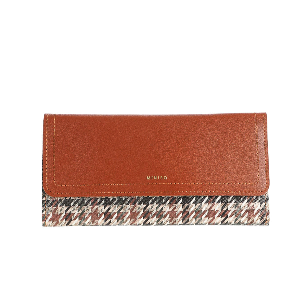 MINISO WOMEN'S LONG TRIFOLD HOUNDSTOOTH WALLET WITH FLAP(BROWN) 2012271910108 WOMEN'S WALLET