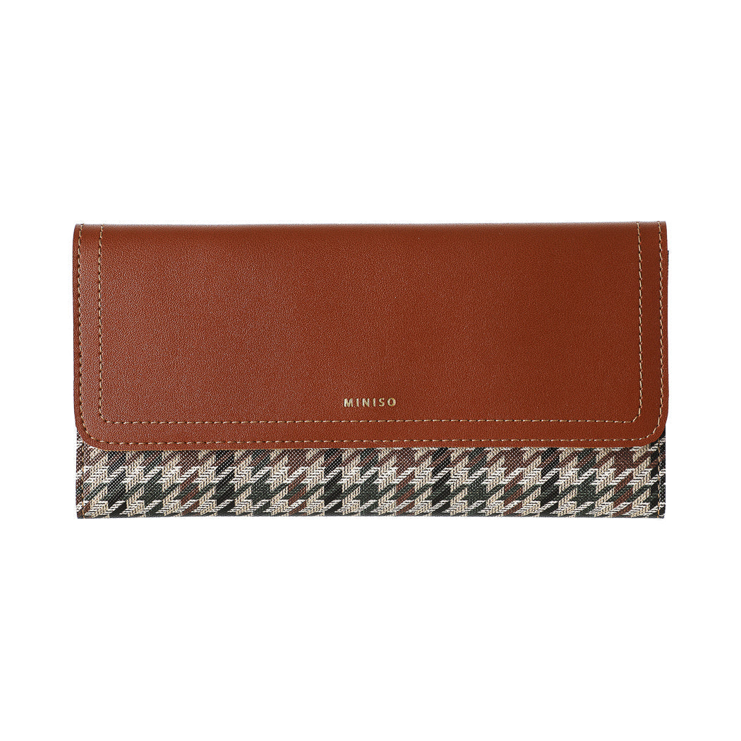 MINISO WOMEN'S LONG TRIFOLD HOUNDSTOOTH WALLET WITH FLAP(BROWN) 2012271910108 WOMEN'S WALLET