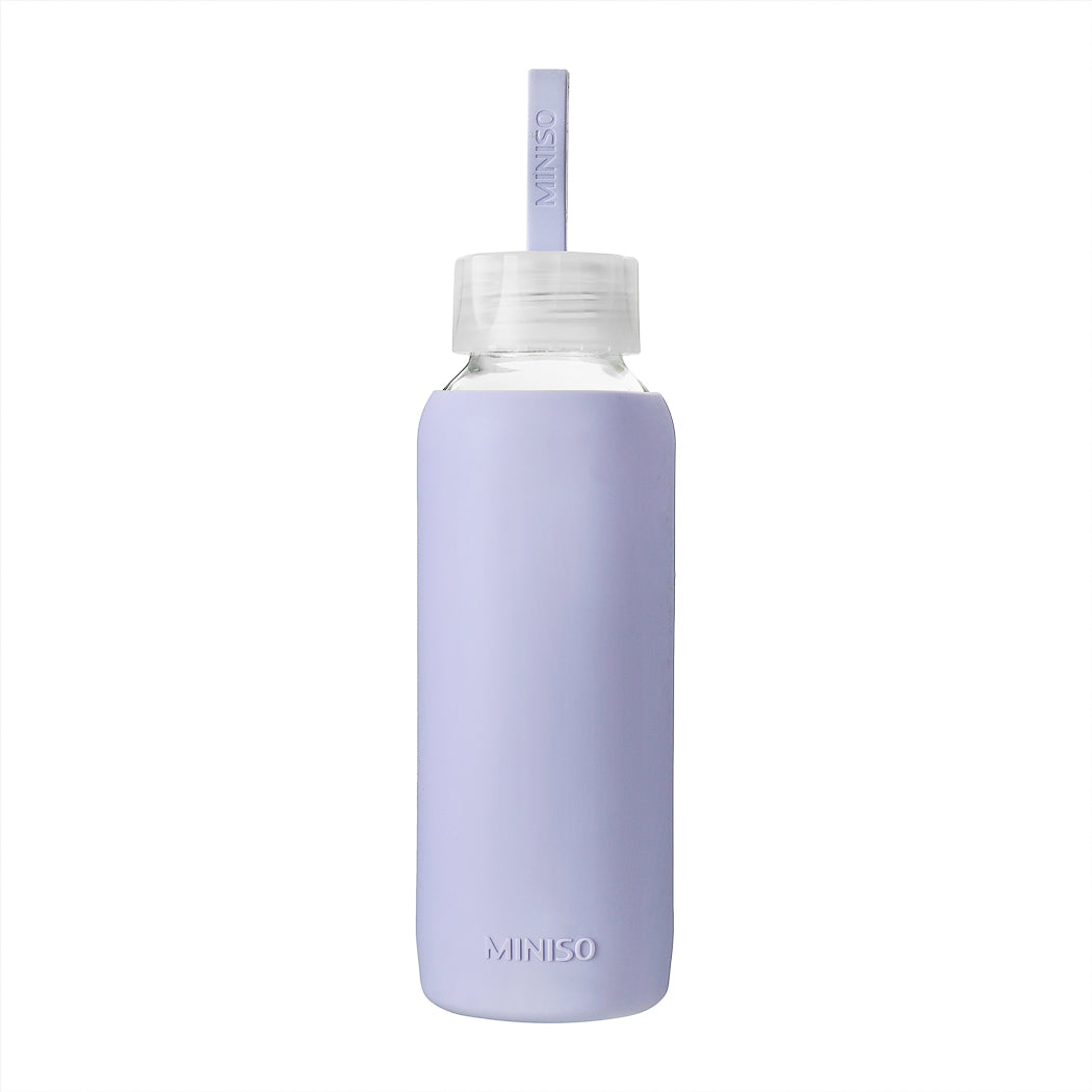 MINISO GLASS BOTTLE WITH SILICONE COVER 300ML(PURPLE) 2010923511109 GLASS WATER BOTTLE